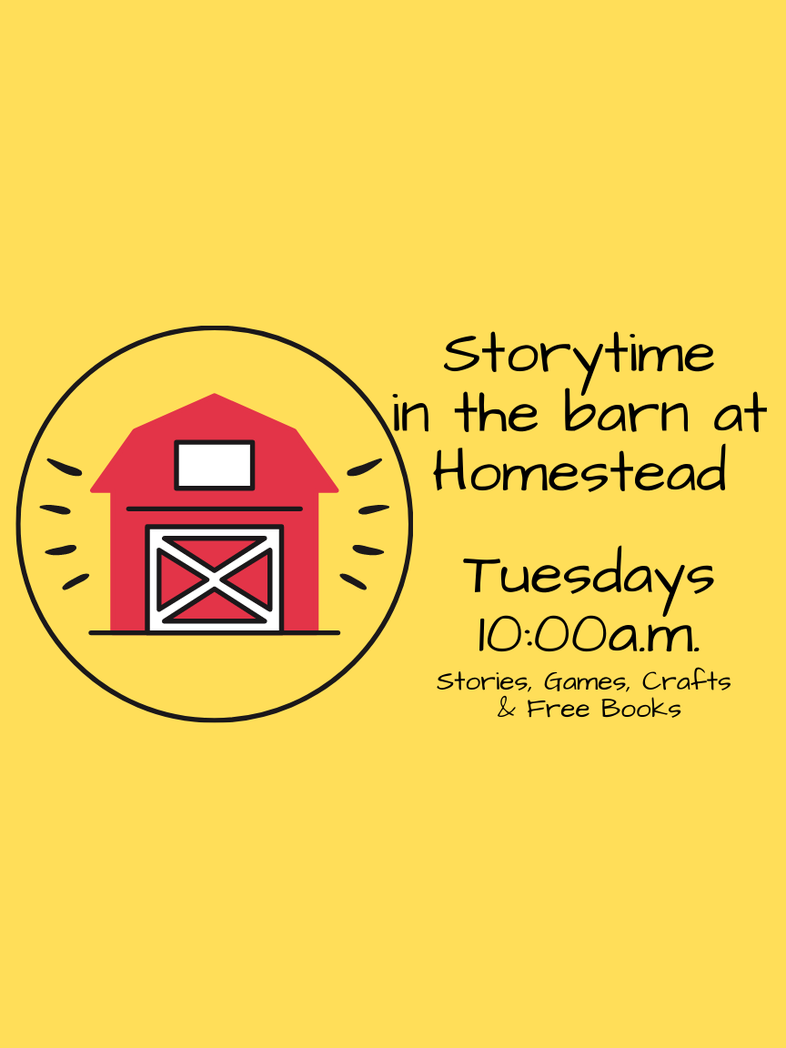 yellow background with red barn and storytime info