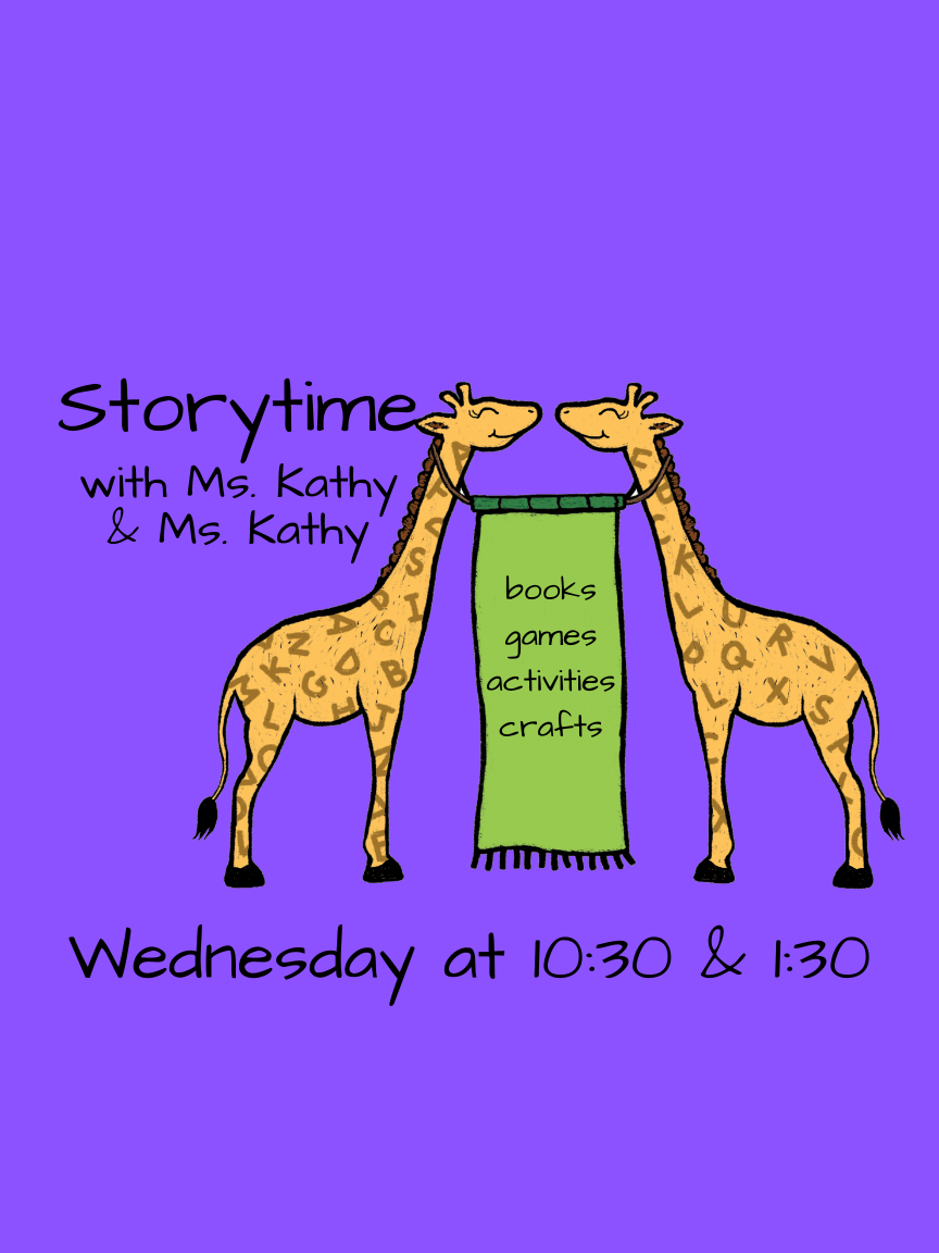purple background with two giraffes and storytime info