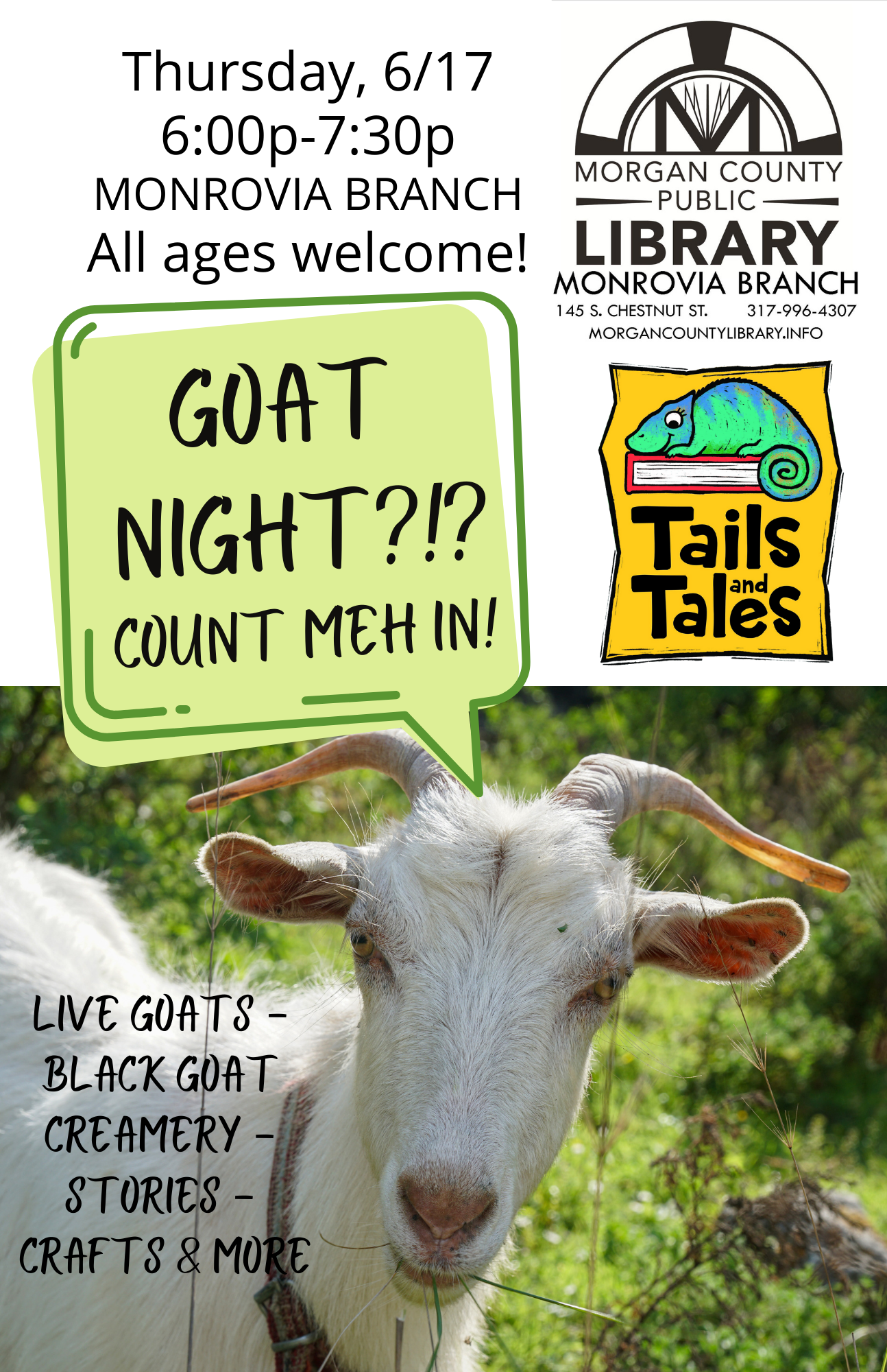 picture of a goat, library logo, goat night information