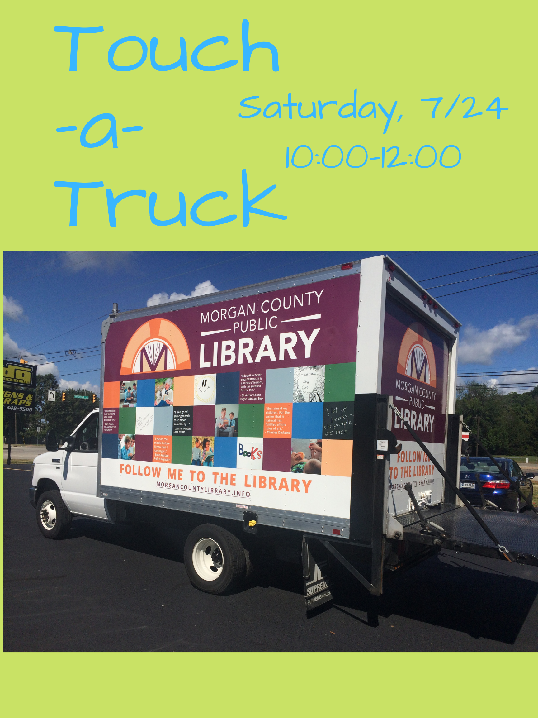 light green background, light blue text about touch a truck, image of library box truck