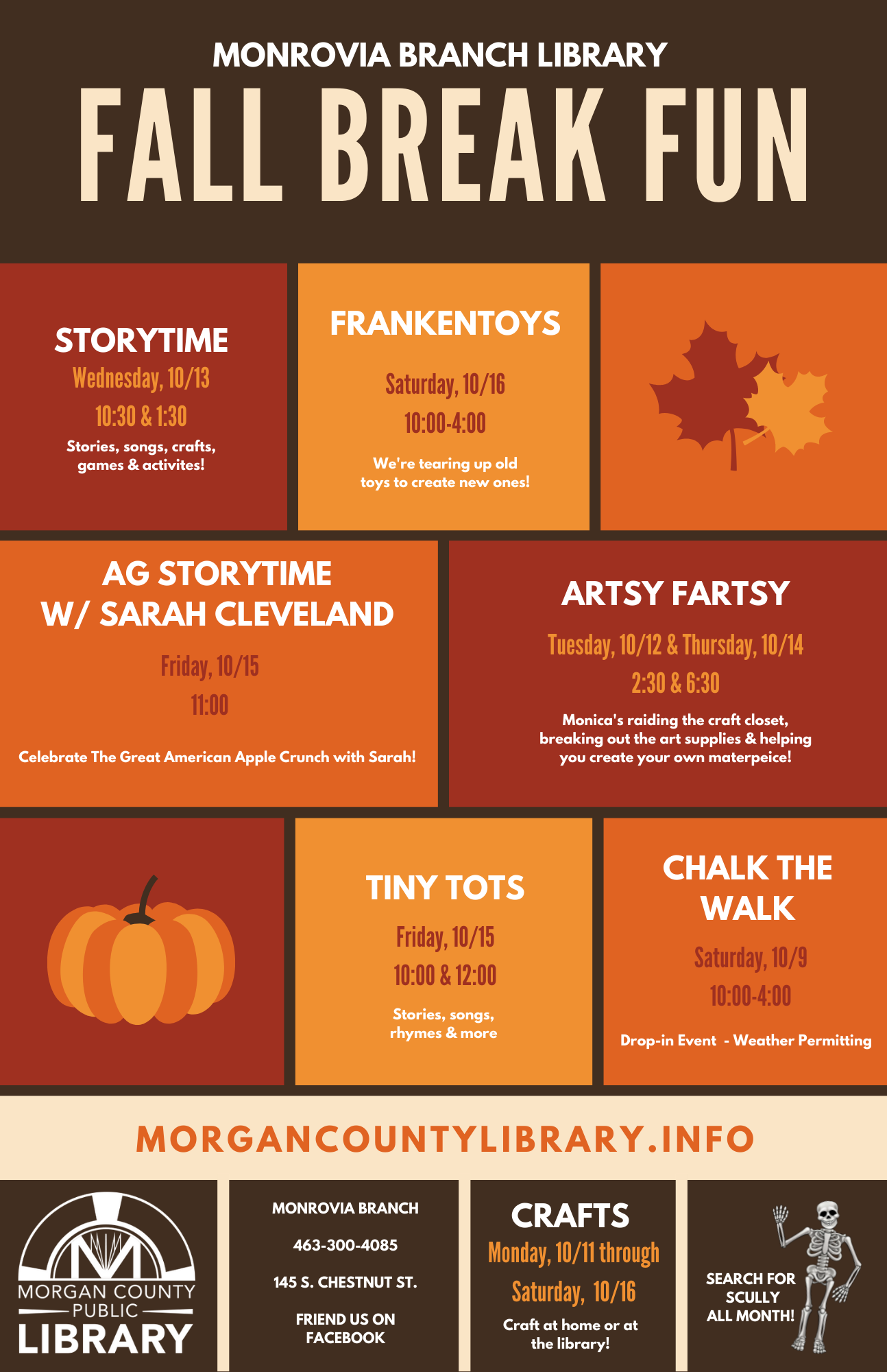 fall colors; grid style layout; with info for the programs happening 10/9-16