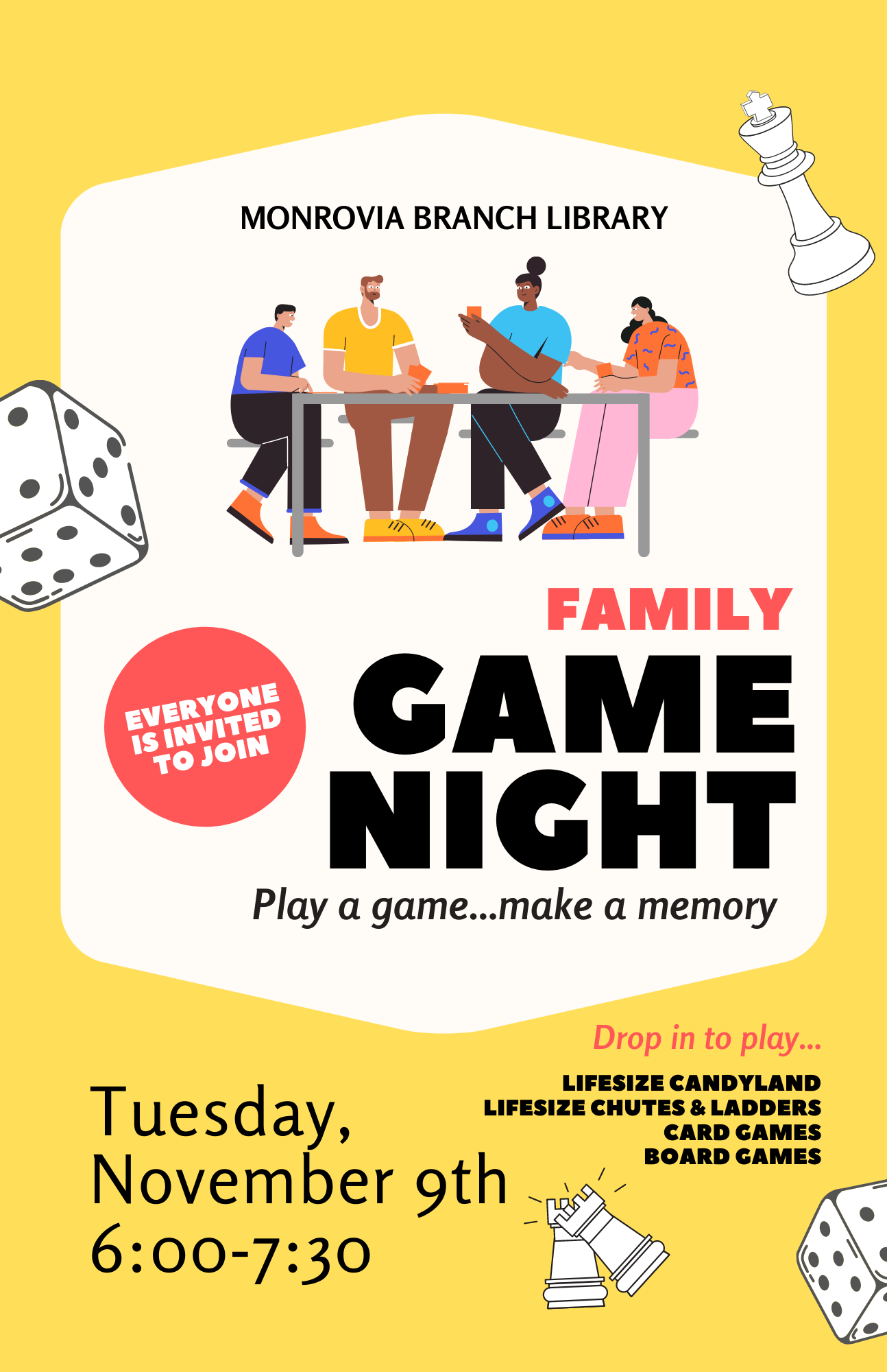 yellow background, 4 people setting at a table, black and pinkish text about family game night