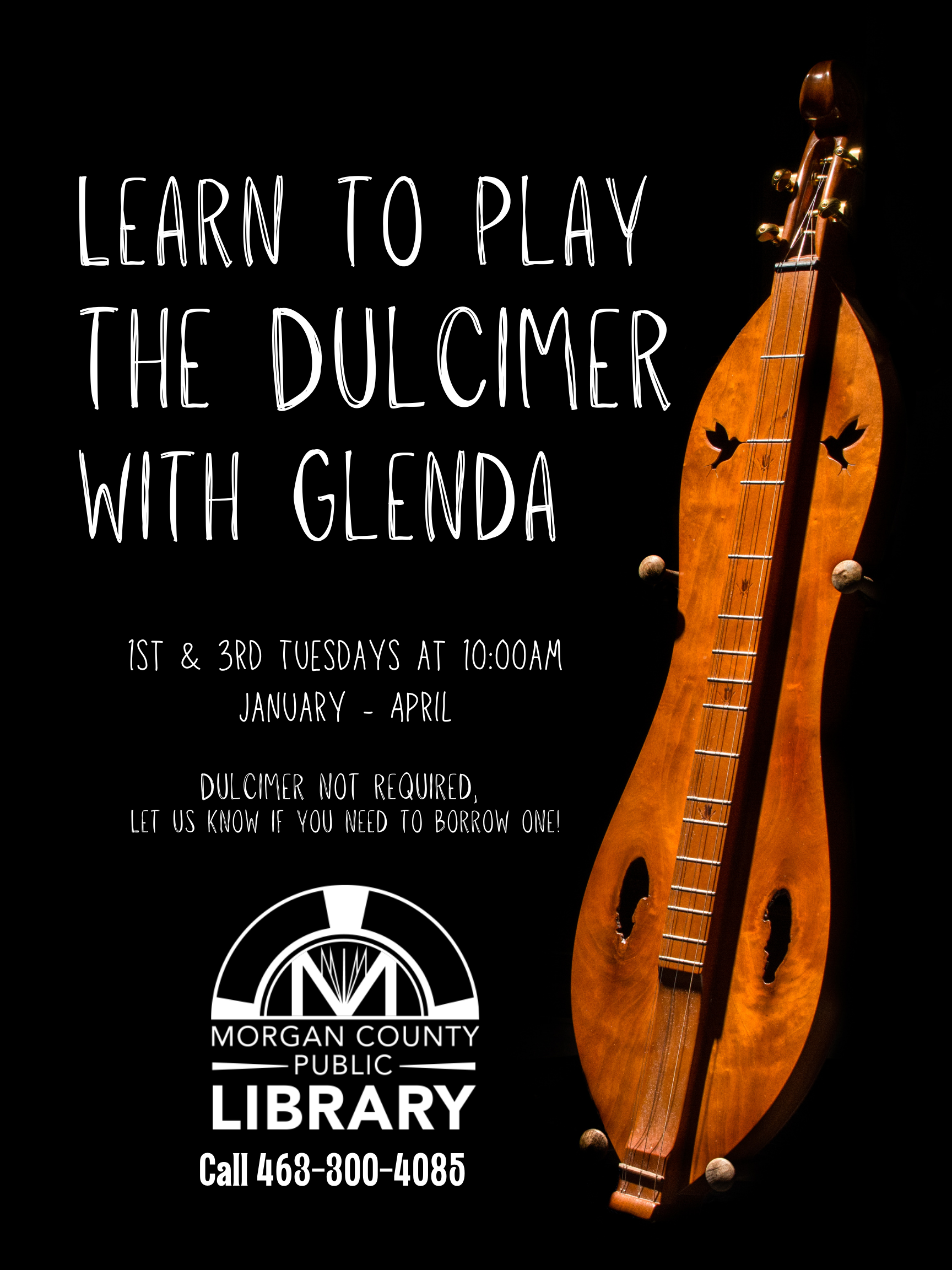 black background with dulcimer, white text and white library logo