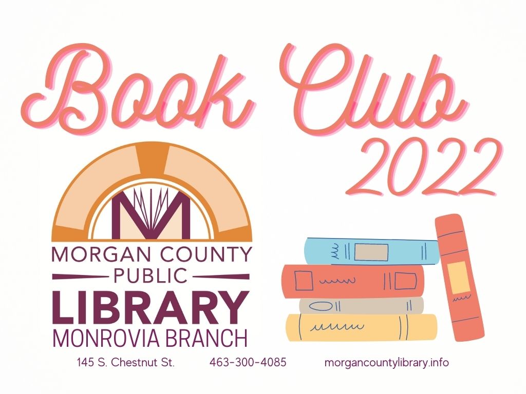 Curvy pink text, MCPL logo and stack of books