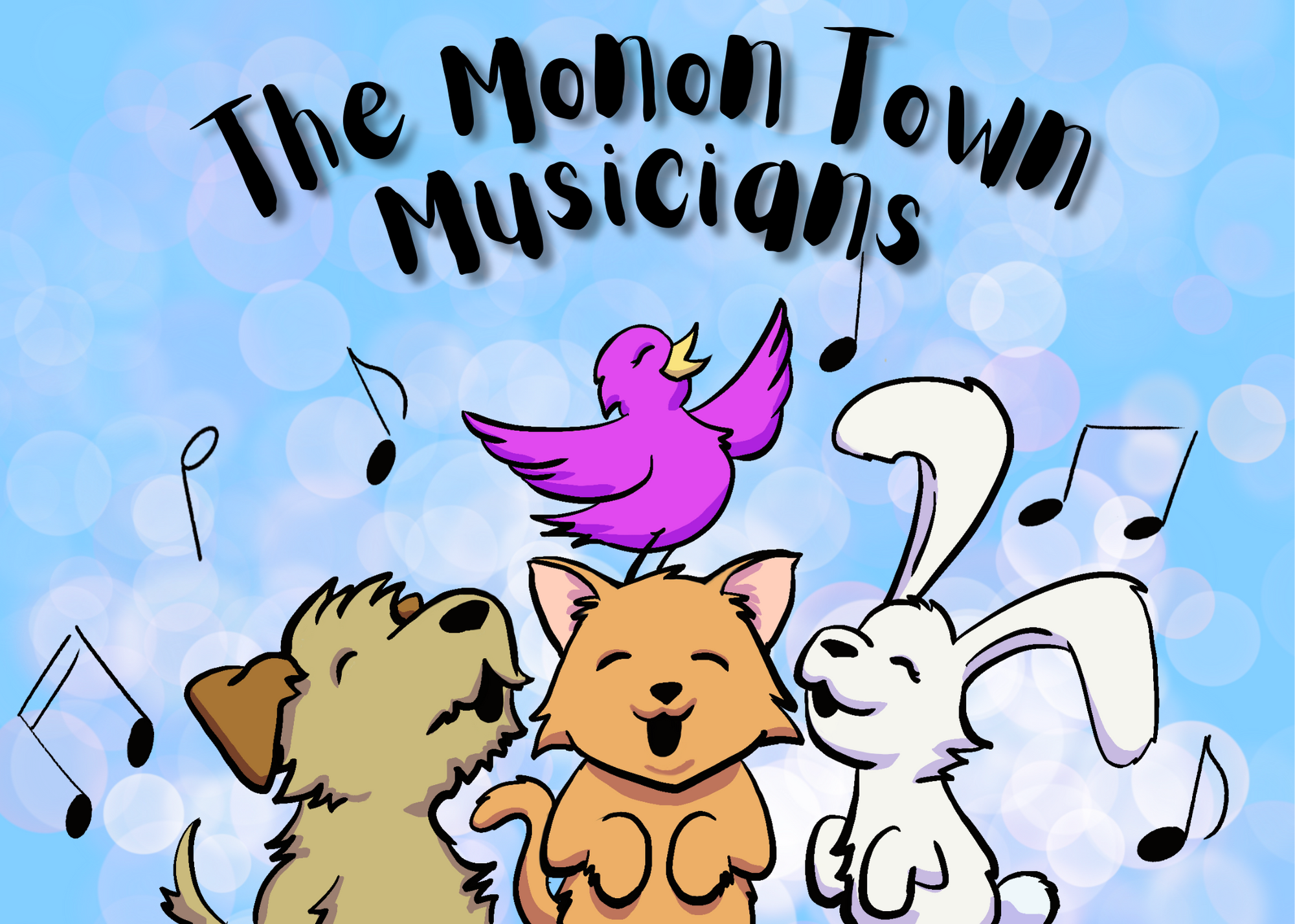 Cartoon drawing of a dog, a cat, a rabbit, and a bird with musical notes