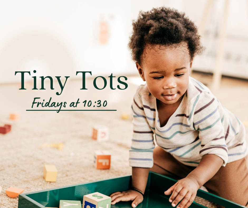 photograph of toddler playing with blocks, text