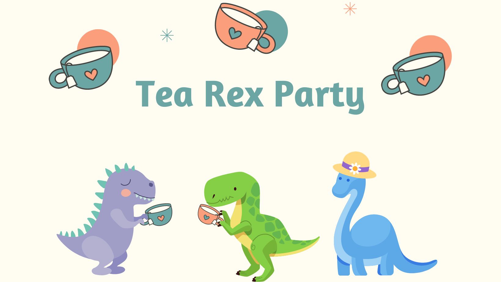 The words "Tea Rex Party" with small cartoon dinosaurs holding teacups.  