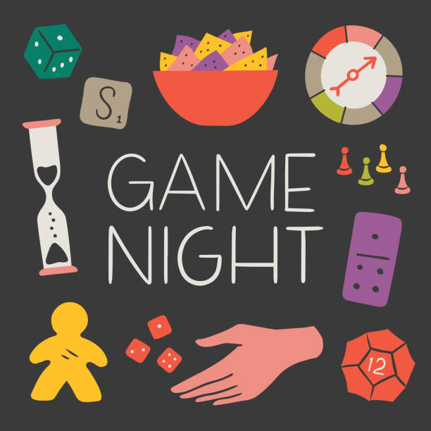 The words "Game Night" surrounded by various game pieces