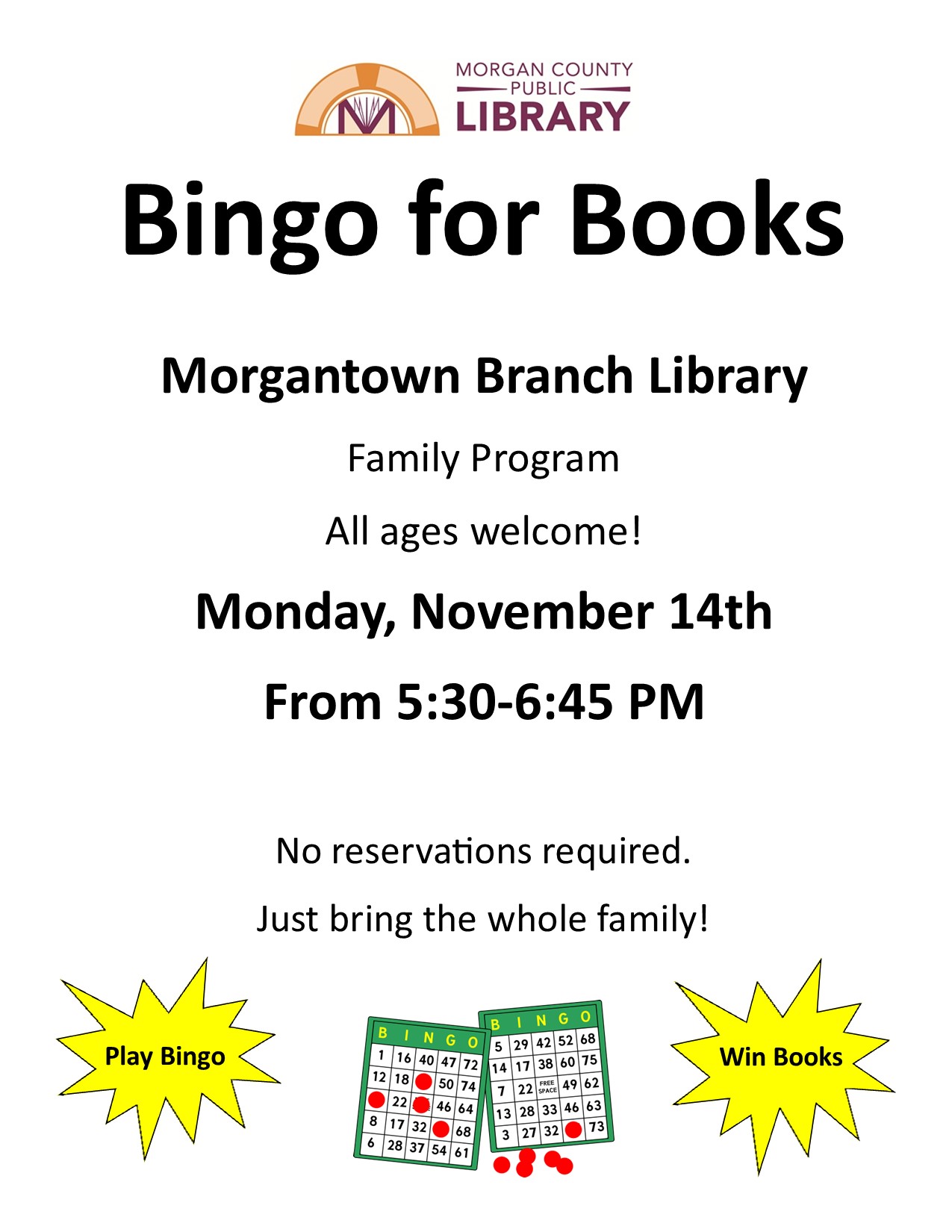 Bingo for Books Morgantown Branch Nov. 14th