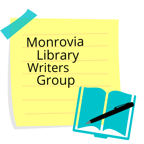 yellow sticky note with text "Monrovia Library Writers Group"