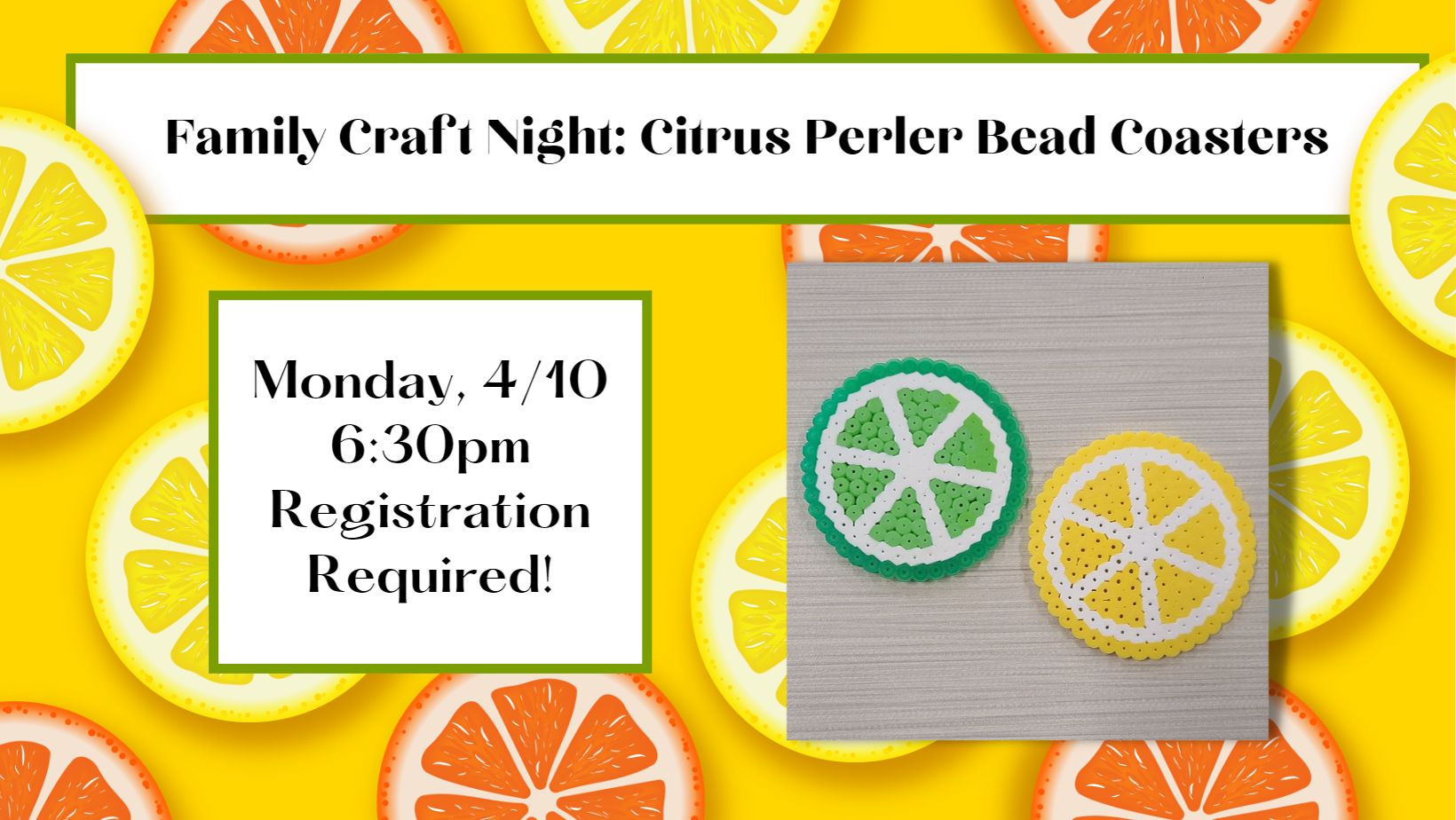 Yellow background with lemon and orange slices; picture of perler bead coasters