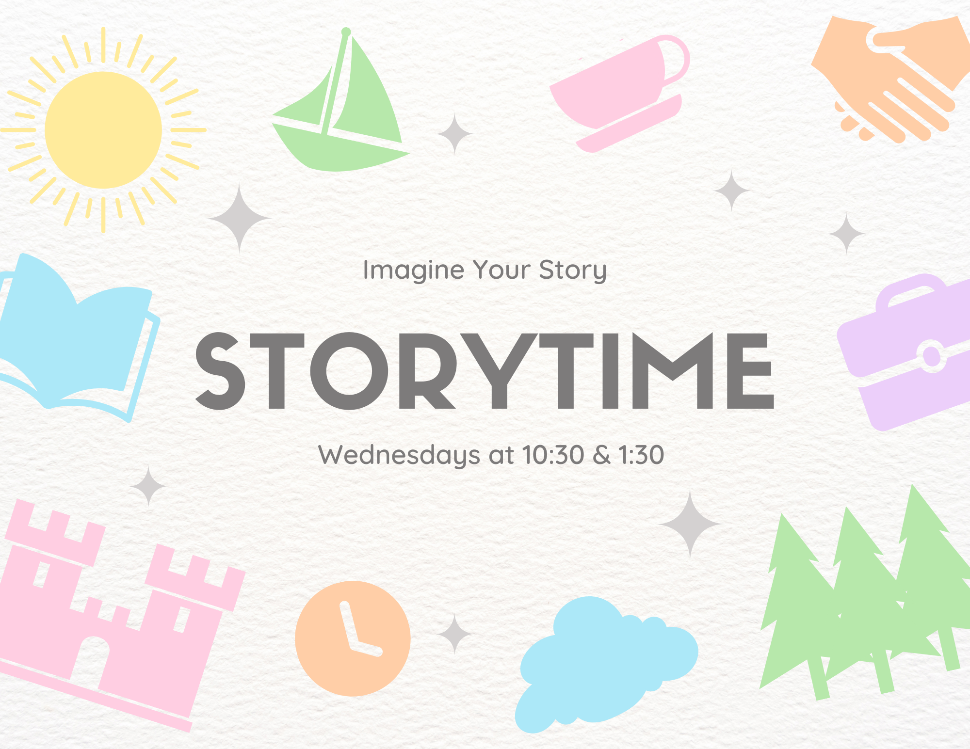 "Storytime" surrounded by miscellaneous fairytale images 