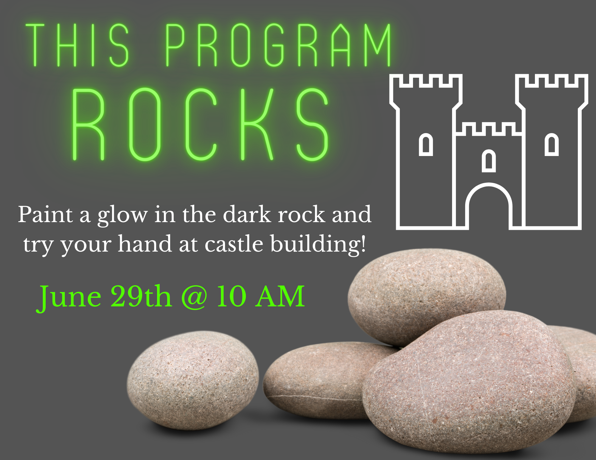 "This program rocks" in glowing green text beside a pile of rocks