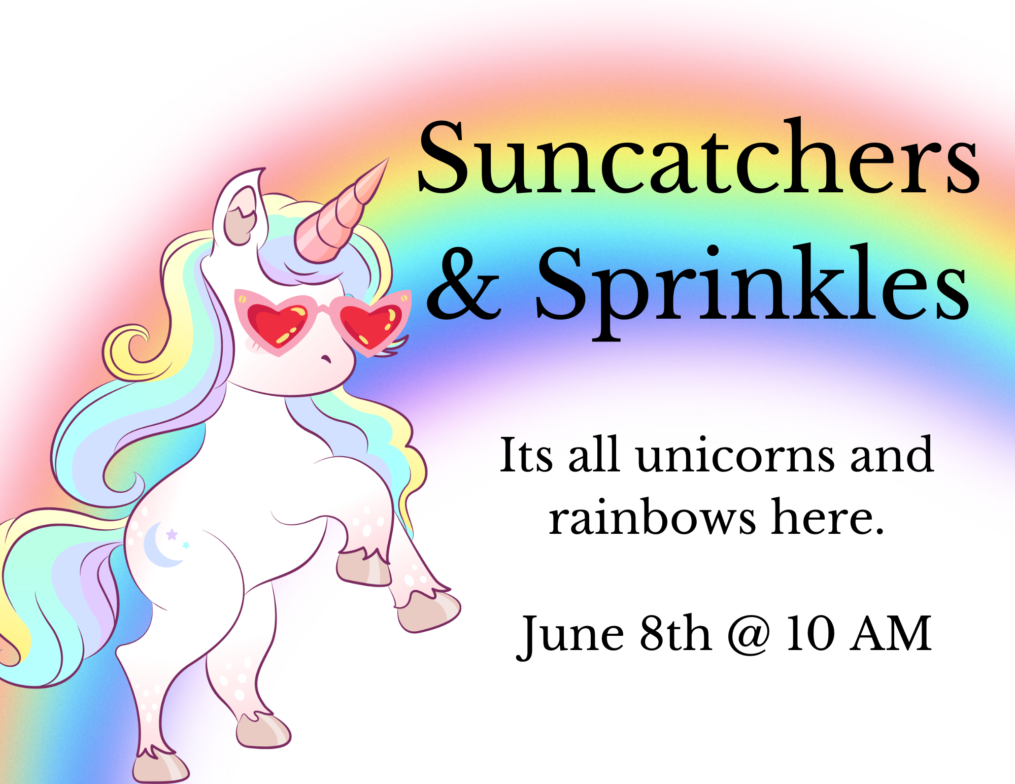 Unicorn in sunglasses over a rainbow background