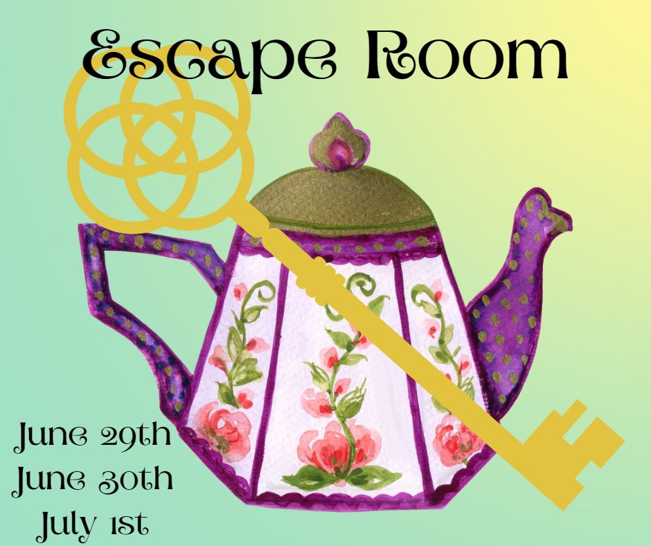 Purple floral teapot with gold key over top
