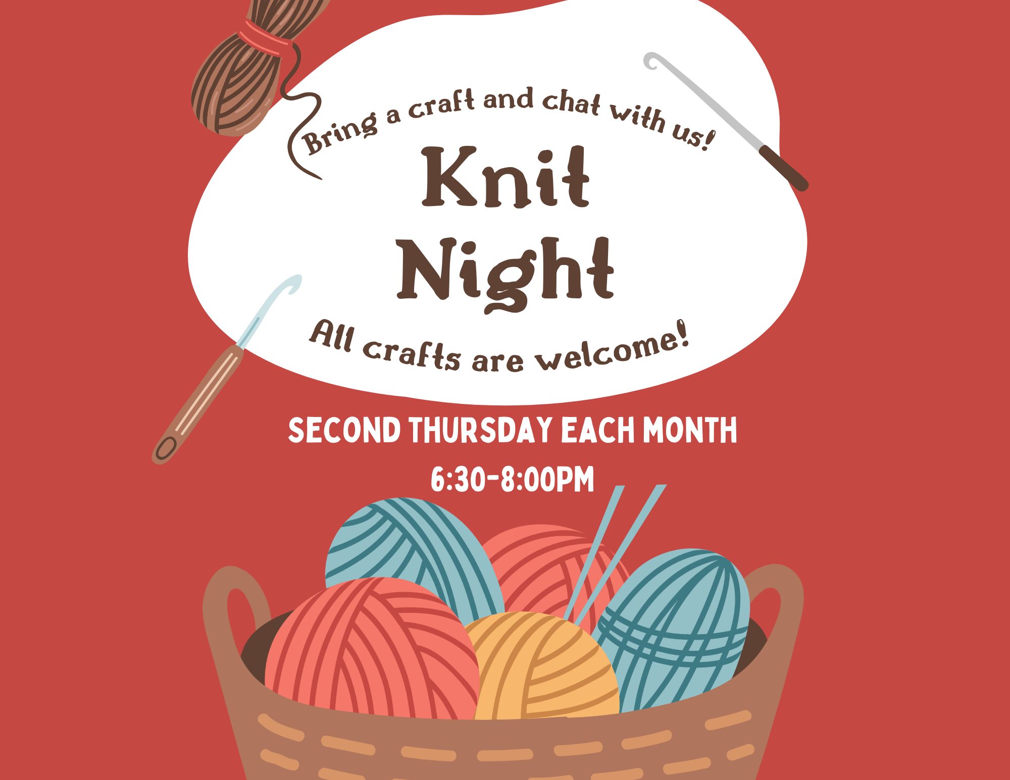A basket of yarn, crochet hooks, and knitting needles