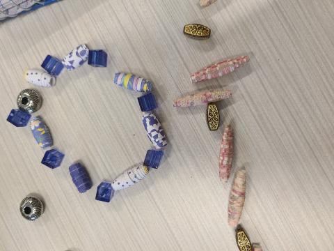 Blue and white beads, pink and white beads, silver beads