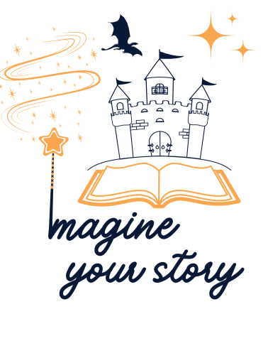 Yellow open book with navy castle and dragon; Imagine Your Story in navy