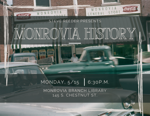 historical photograph of downtown Monrovia, Indiana; including cars on the street