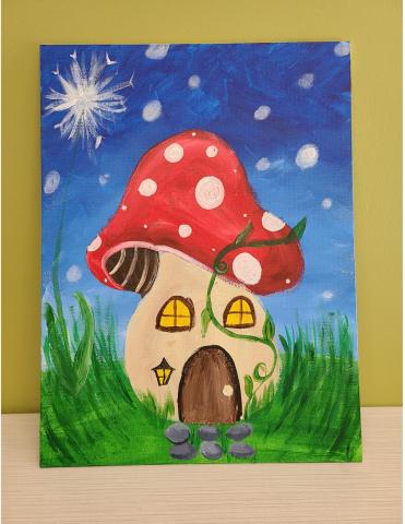 Painting of a mushroom house with a red top against a blue sky with green grass