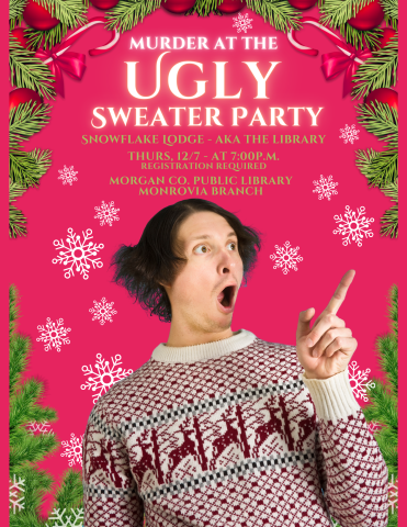 pink background, guy in ugly christmas sweater pointing in shock, snowflakes and greenery