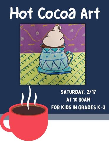 Dark blue background with purple and green drawing of a cup of hot cocoa