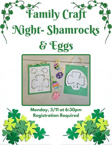 Green shamrocks and multicolored wooden eggs