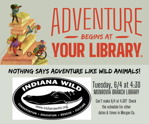 Adventure Begins at Your Library graphic and Indiana WILD logo