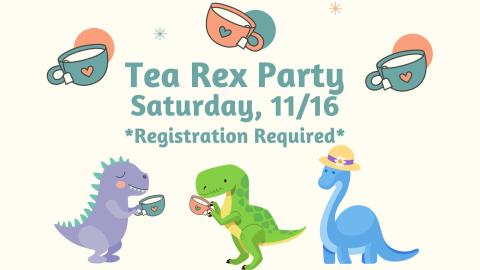 Cartoon dinosaurs holding tea cups