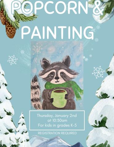 A blue background with snow covered pine trees as a border and a painting of a raccoon holding a mug