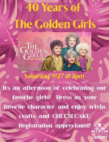 Pink background with a photo of the cast from The Golden Girls