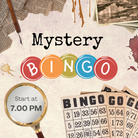 A collage of paper, bingo sheets, and a magnifying glass with the words Mystery BINGO in the middle