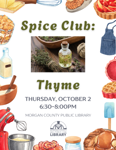 baking implements surround a picture of thyme