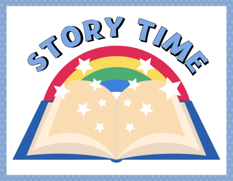 an open book with a rainbow behind it with the words story time written above