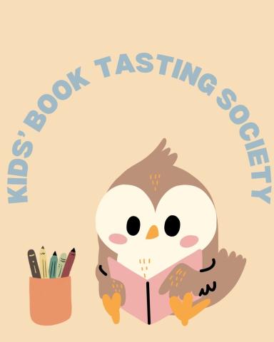 Drawing of a bird reading with a cup of pencils to the side; Text reads "Kids' Book Tasting Society"