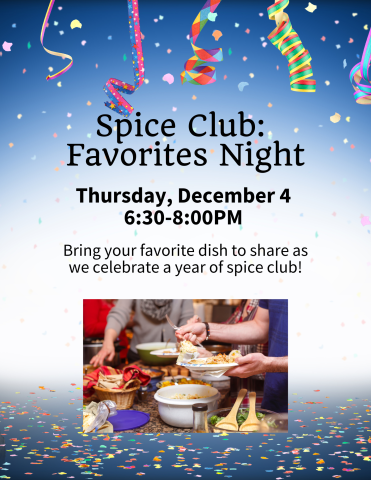 party favors in the background with a picture of a potluck