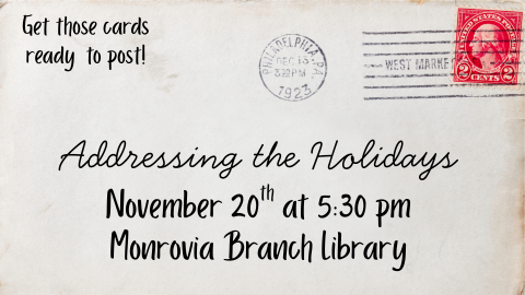 Caption reading "Addressing the Holidays, November 20th at 5:30 PM" is made to look like the address on an envelope.
