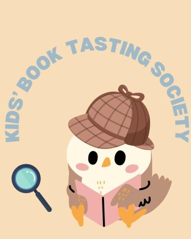 Cartoon bird reading a book and wearing a detective hat with a magnifying glass to the side; text reads Kids' Book Tasting Society