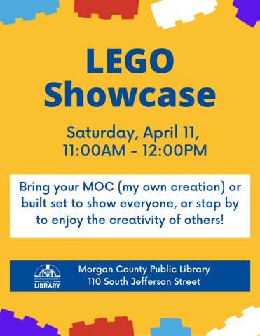 Information about the program on a yellow background with solid colored LEGO bricks.