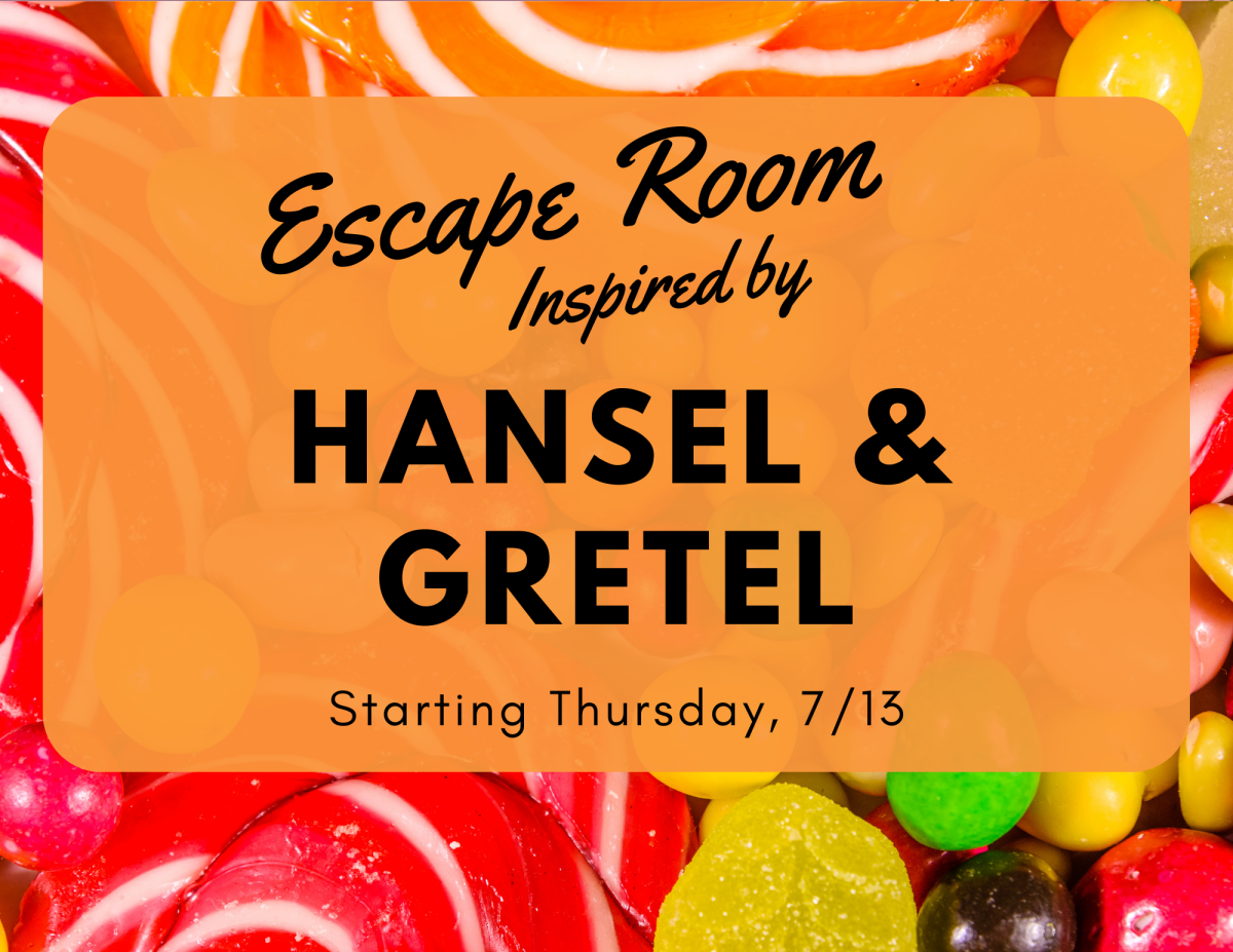 "Hansel and Gretel Escape Room" over a background photo of candy pieces