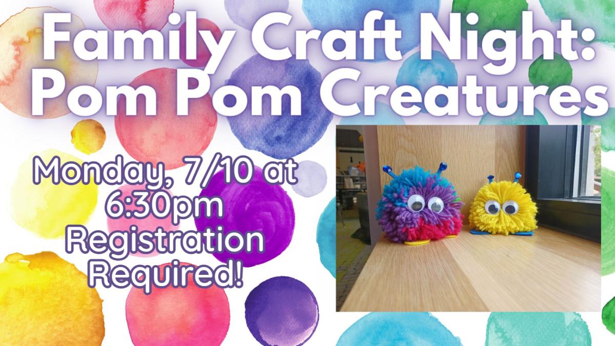 Multicolored circles on the background with photo of two pompoms decorated