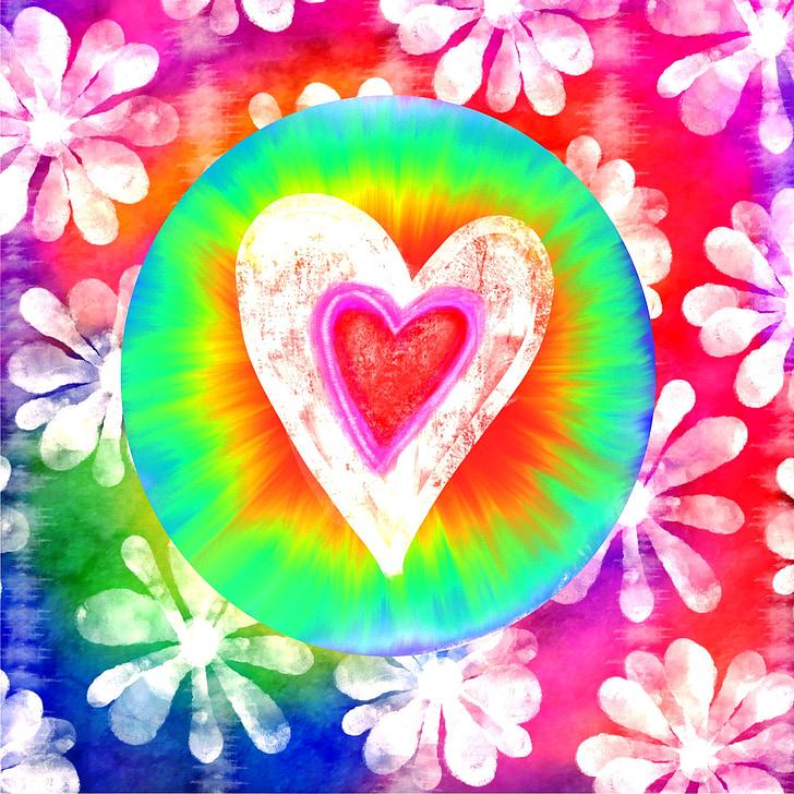 Tie dye heart in a green circle with flowers around it