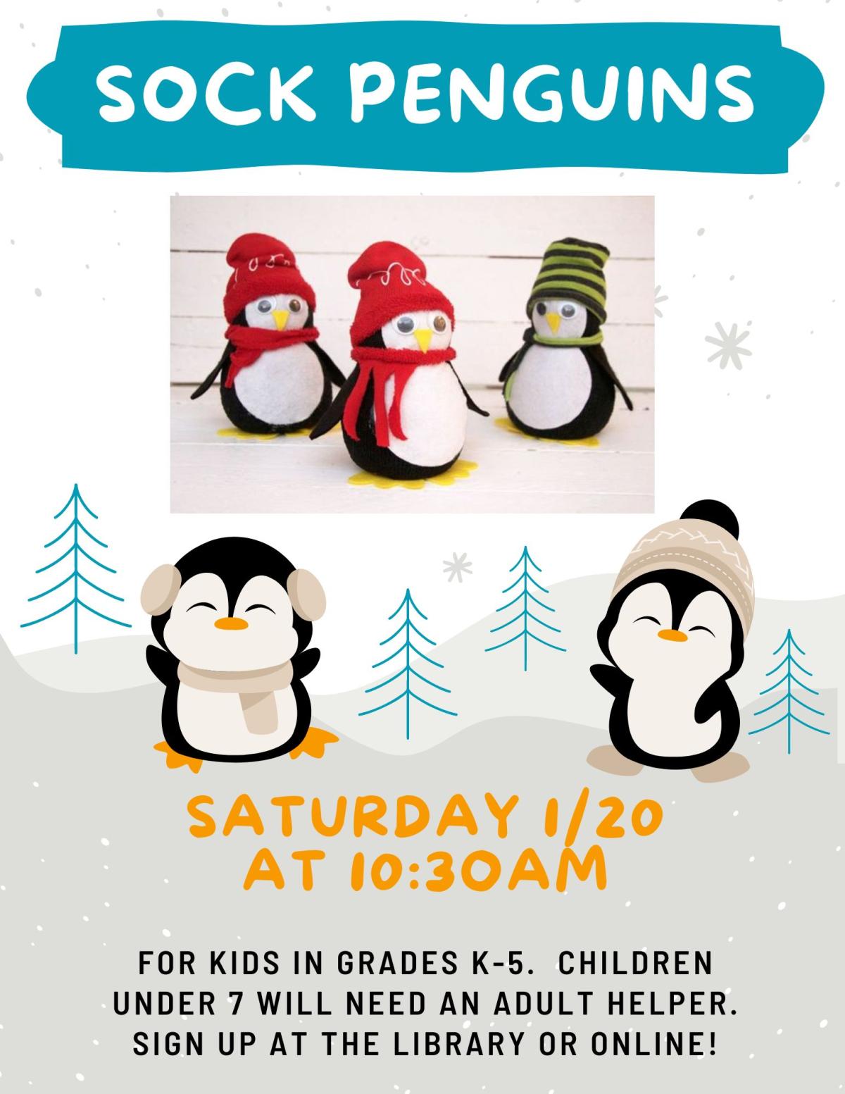 Cartoon penguins with a picture of penguins made from socks