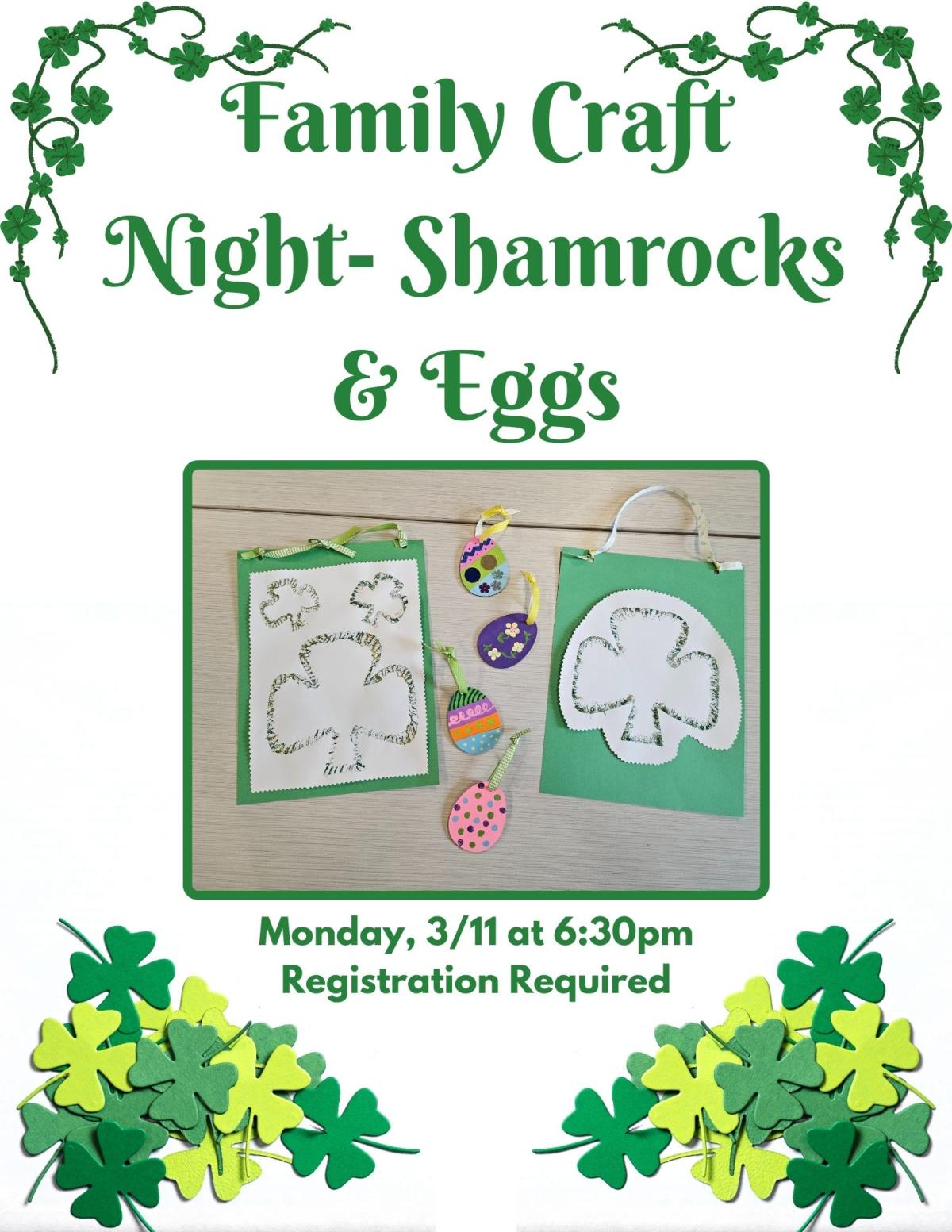 Green shamrocks and multicolored wooden eggs