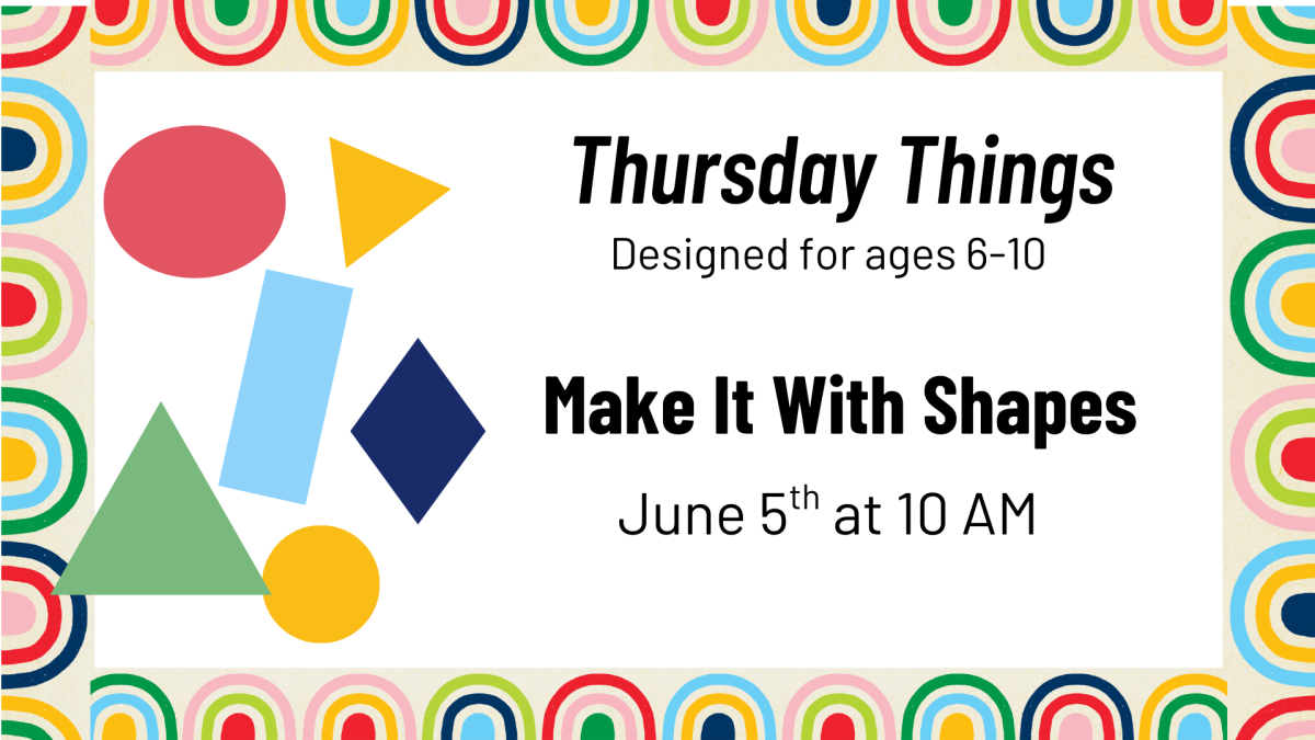 text and assorted shapes surrounded by rainbow border