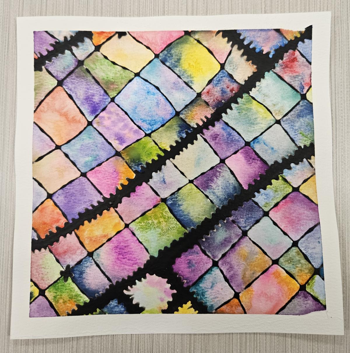 Square watercolor painting with black lines and many colors