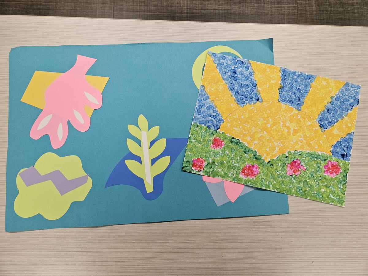 Photo of a paper collage and a painting filled with dots