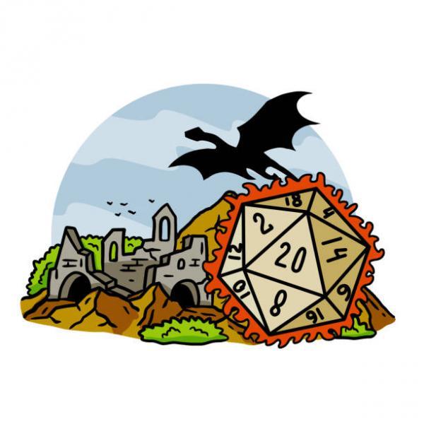 a flaming twenty sided die surrounded by crumbling buildings and a dragon