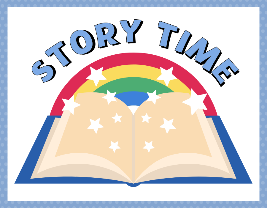 an open book with a rainbow behind it with the words story time written above