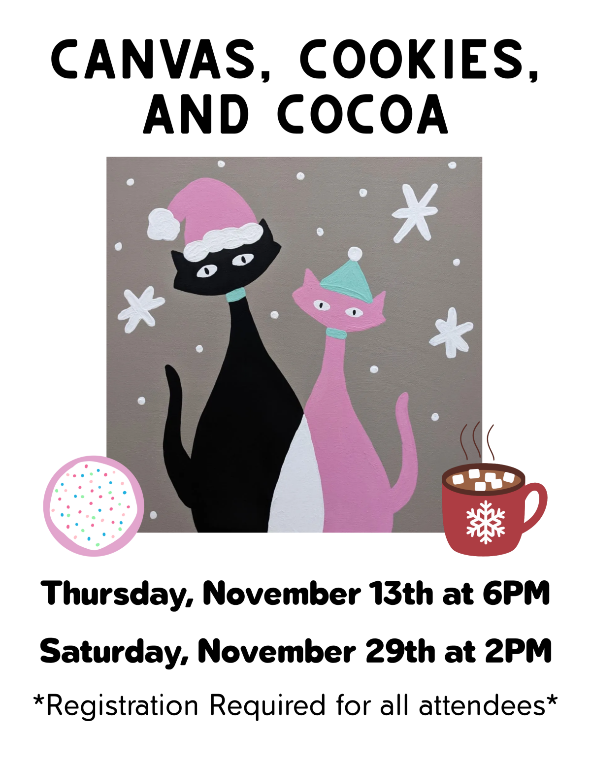 Canvas, Cookies, and Cocoa flyer with a painting of cats